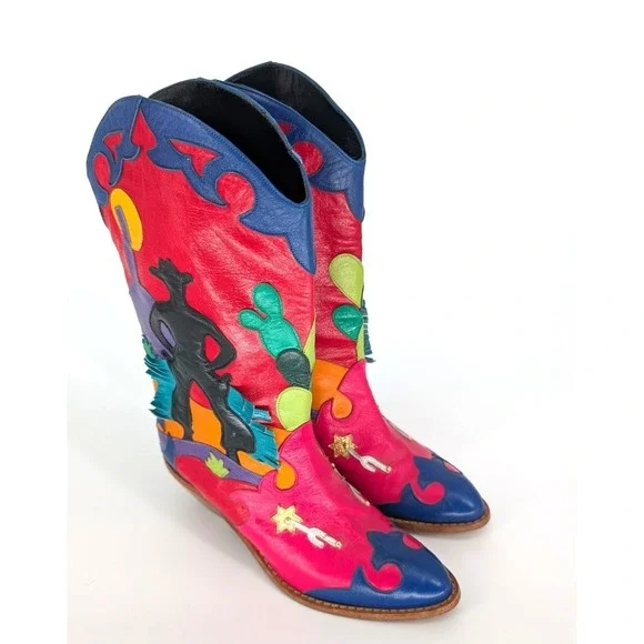 VTG Zalo Multicolor Leather Fringe Cowboy Boots 6.5 Western Boho Festival Art